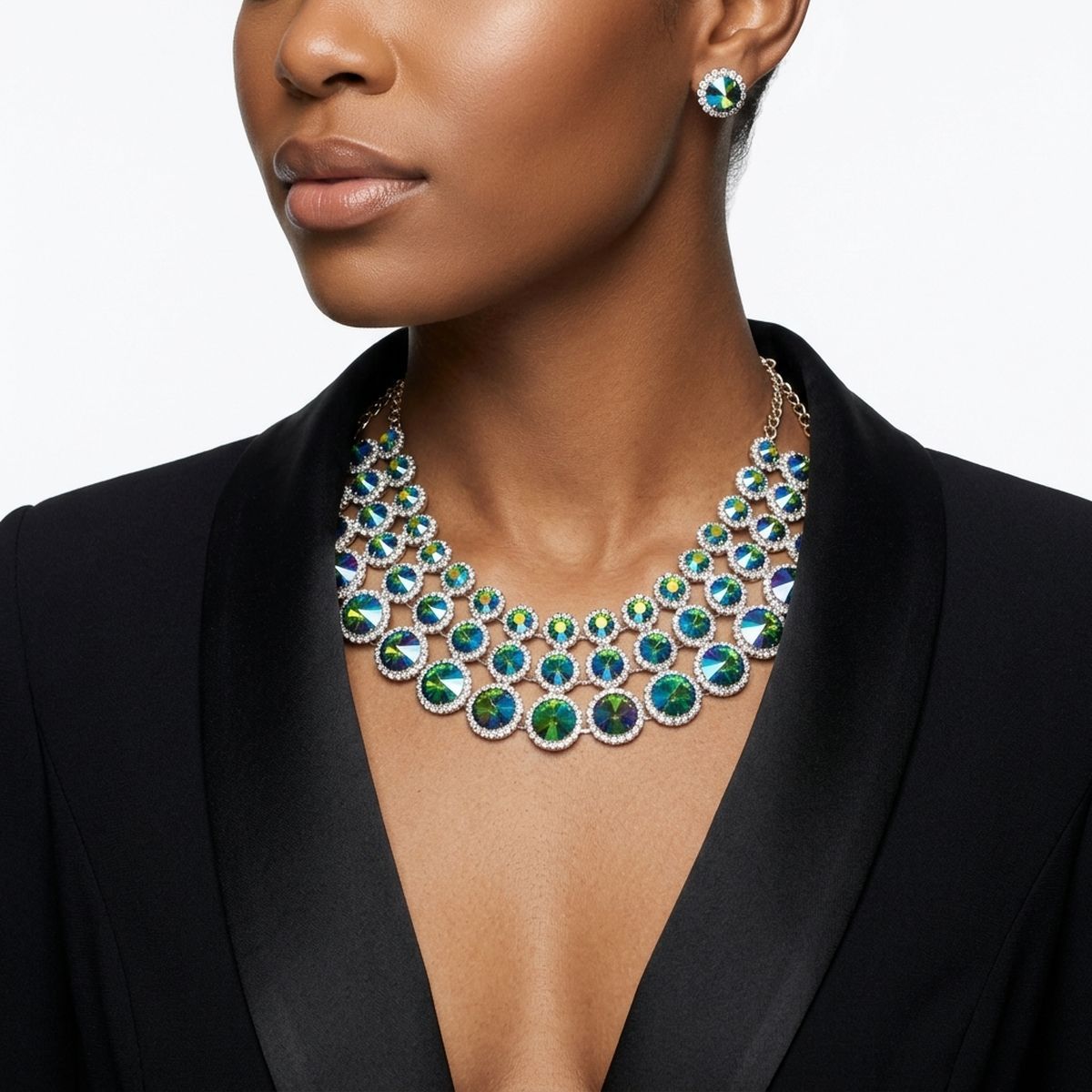 Green Glass Halo Crystal 3 Row Collar Necklace