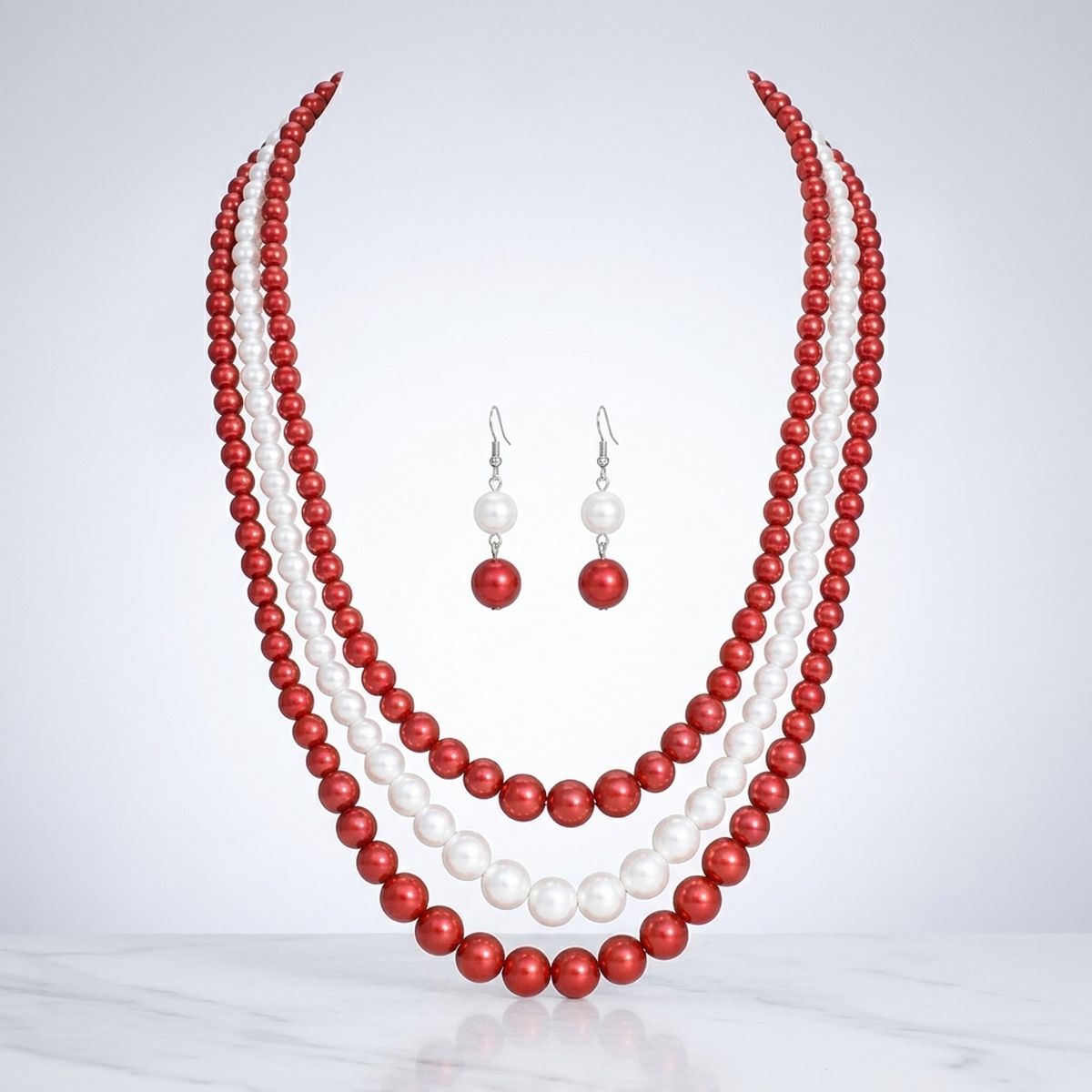 Pearl Necklace Red White 3 Strand Set
