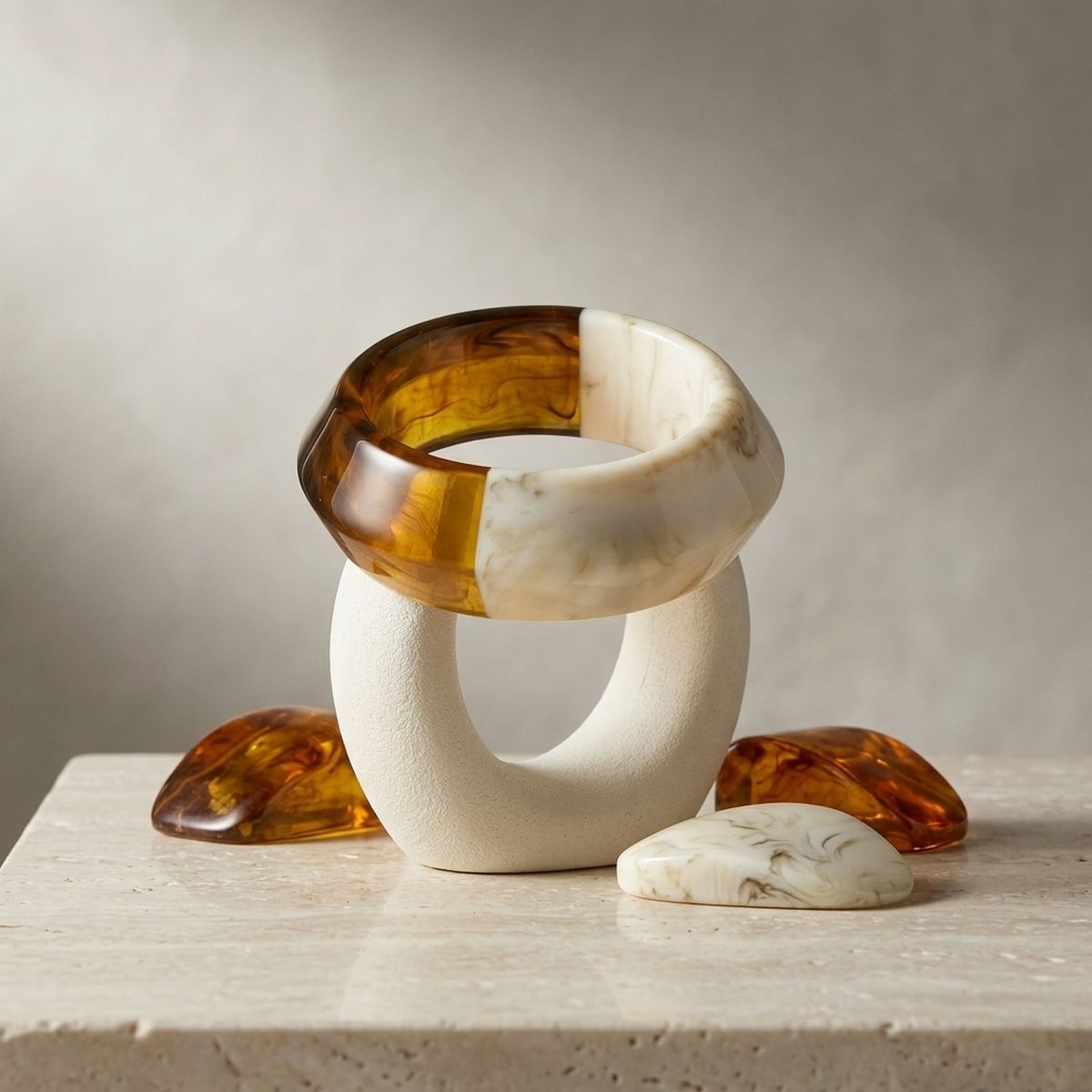 Bangle Two Tone Amber and Ivory Resin Bracelet