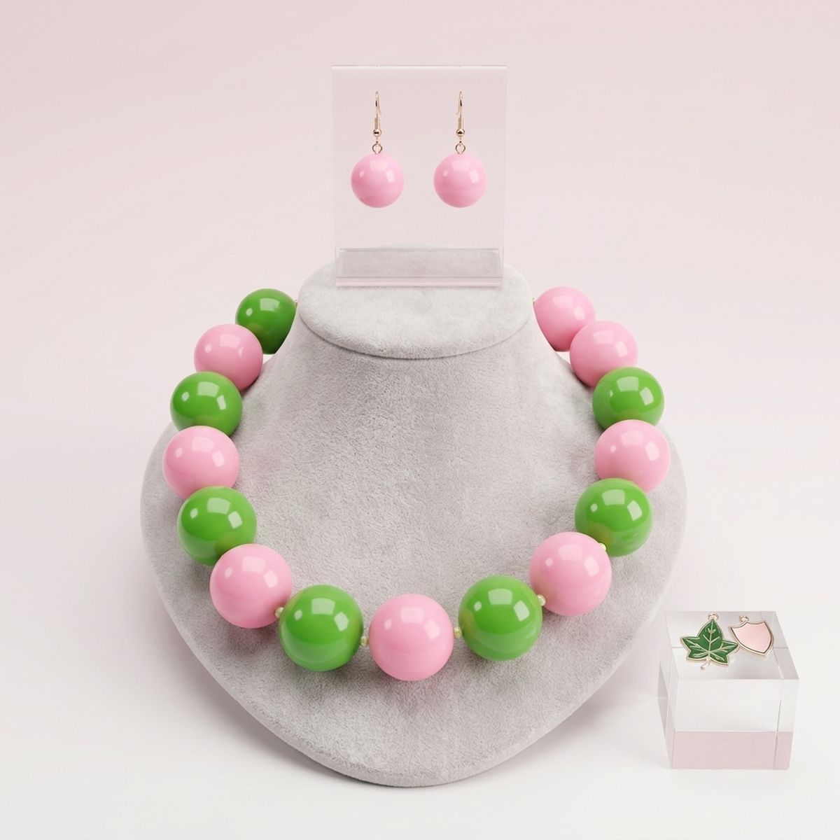 Mod Style Two Tone Pink Green Chunky Bead Necklace