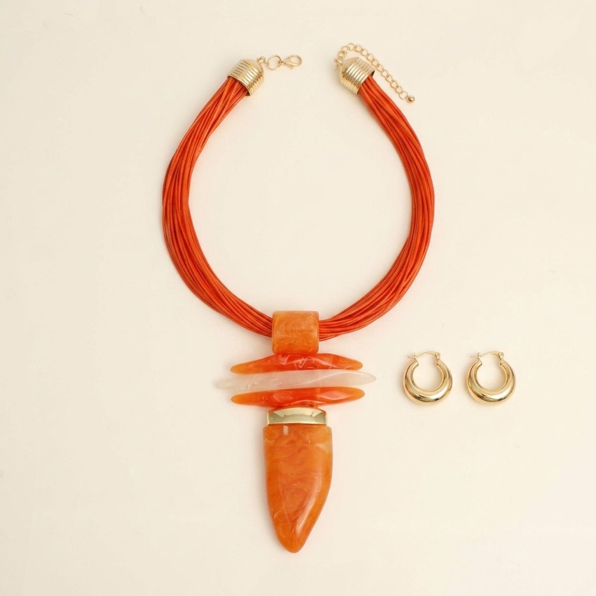 Bold Orange Marbled Horn Pendant Cord Necklace