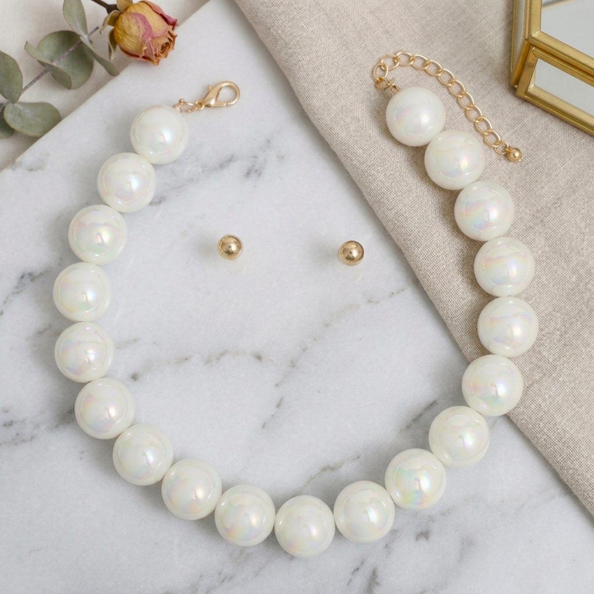 High Gloss Pearlescent White 24mm Bead Necklace