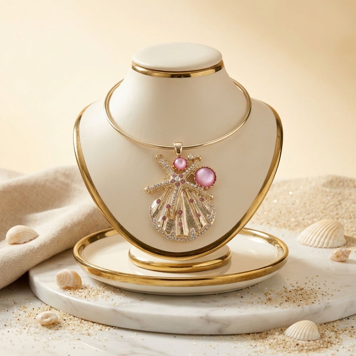 Gold Choker Sea Life Pendant with Pink Rhinestones