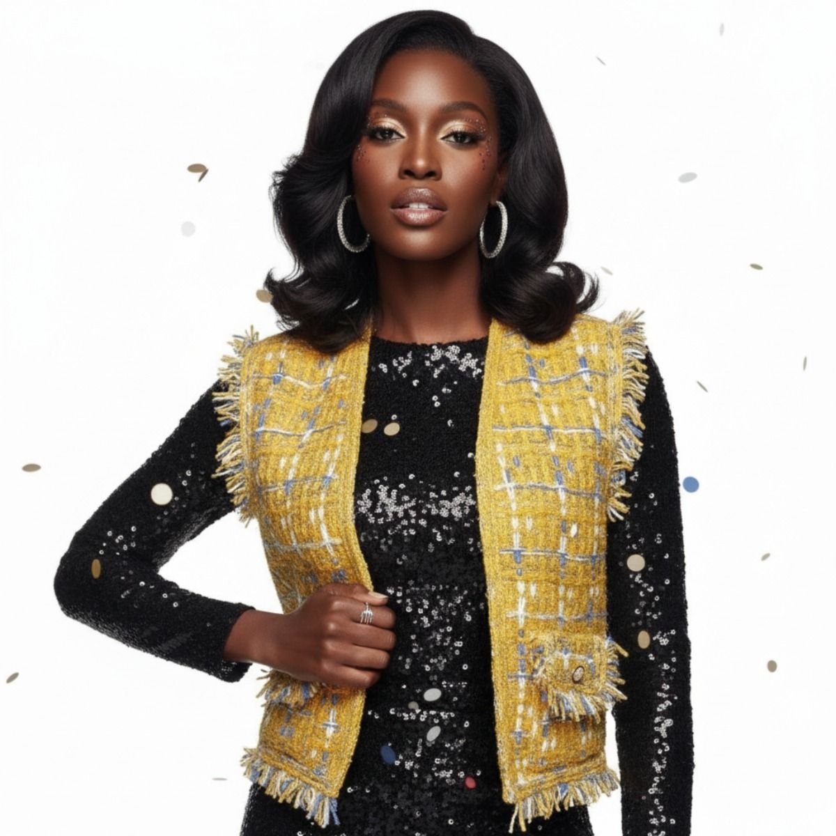 Gold Threaded Luxe Plaid Tweed Mustard Vest