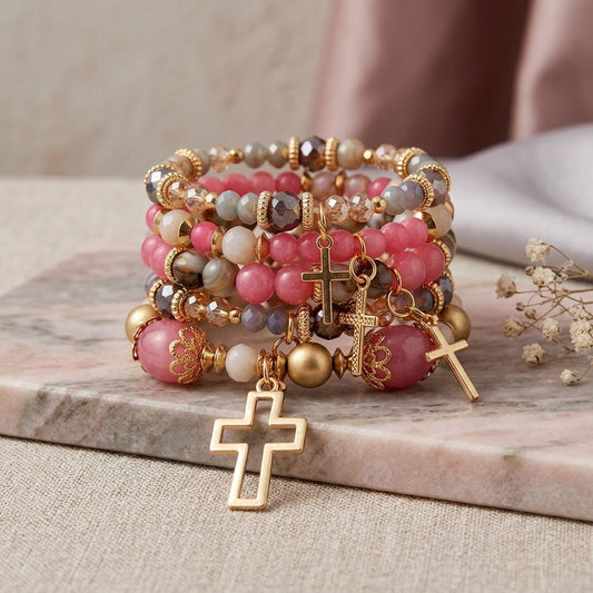 Pink Glass Bead Cross Bracelets