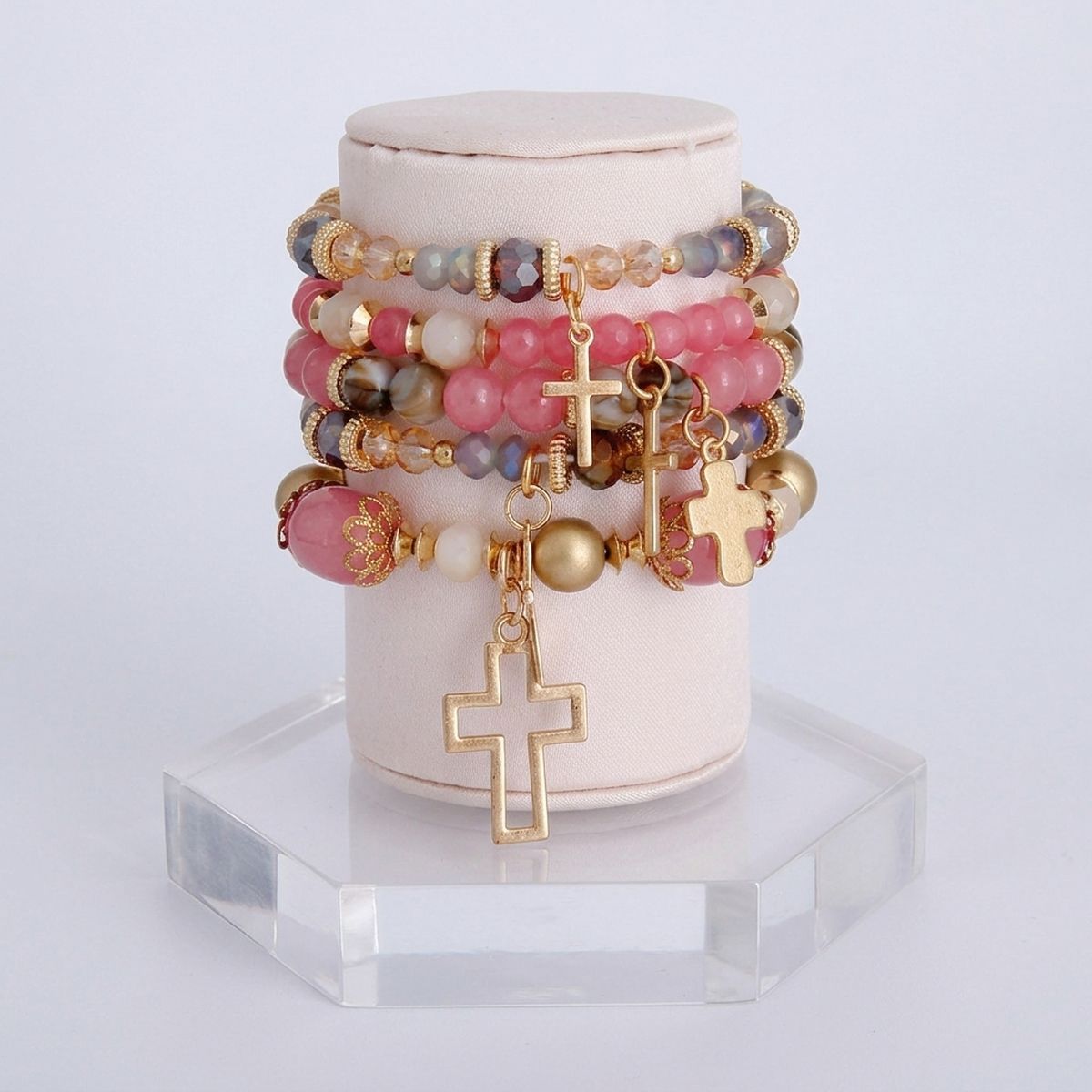 Pink Glass Bead Cross Bracelets