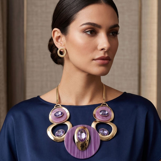 Necklace Gold Purple Circular Bib for Women