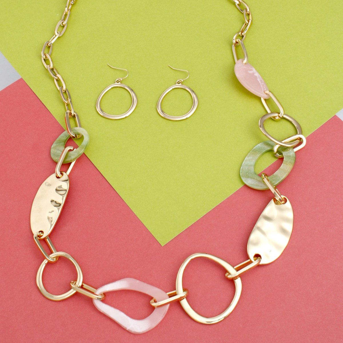 Long Gold Pink and Green Link Chain Necklace