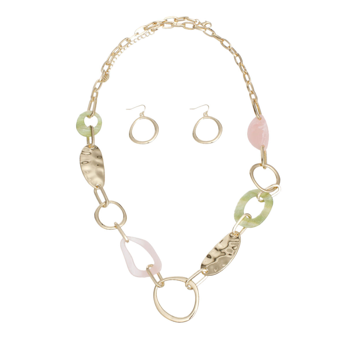 Long Gold Pink and Green Link Chain Necklace