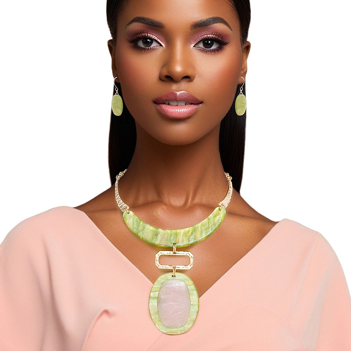 Pink and Green Marbled Geo Pendant Set