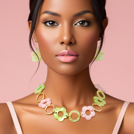 Pink Green Marbled Flower Linked Necklace