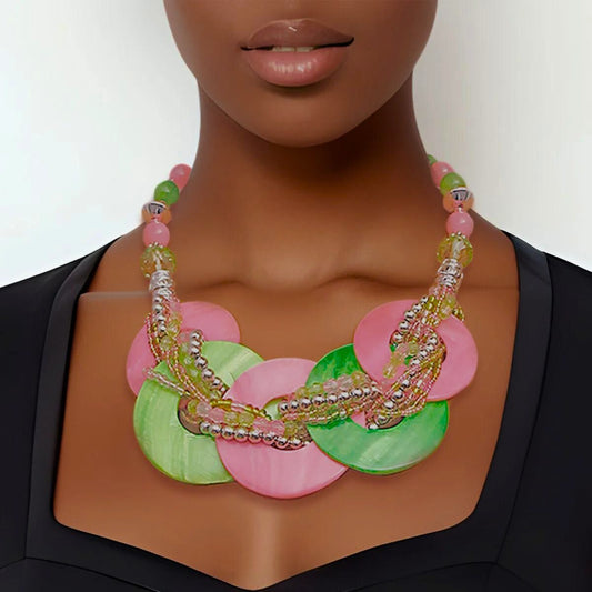Pink Green AKA Beaded Shell Disc Necklace Set