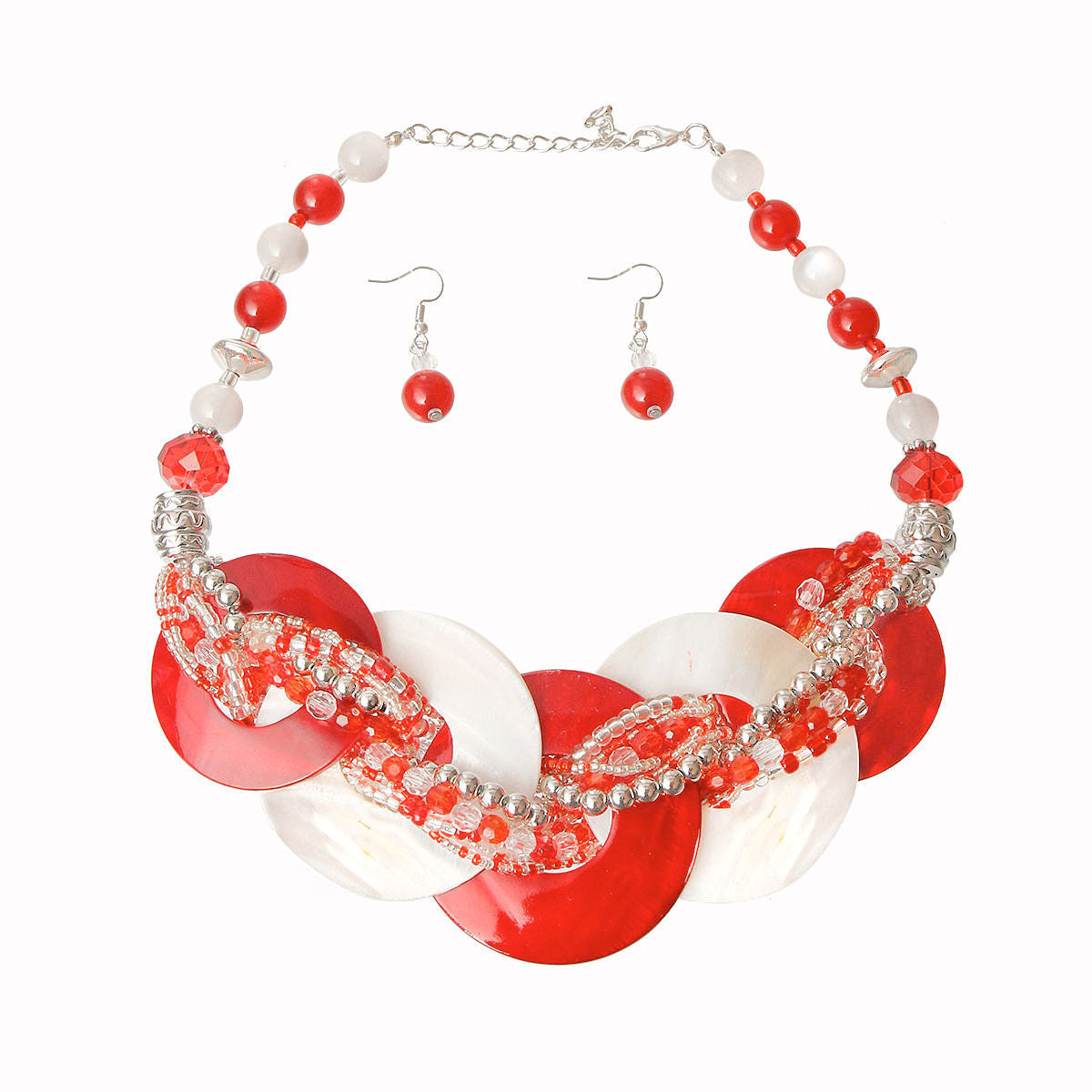 Red White DST Beaded Shell Disc Necklace Set