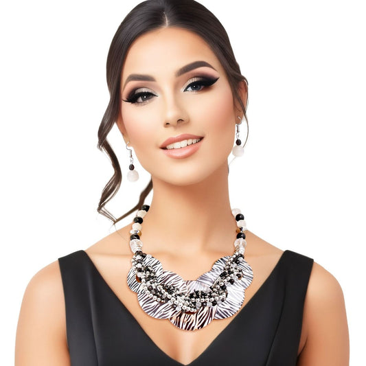 Zebra Print Shell Disc Beaded Necklace