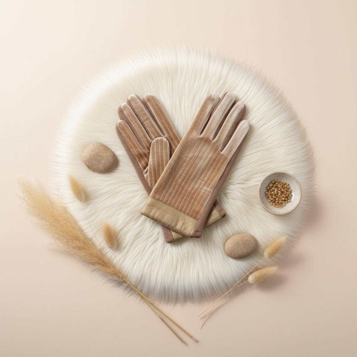 Beige Fur Stripe Leather Touchscreen Winter Gloves