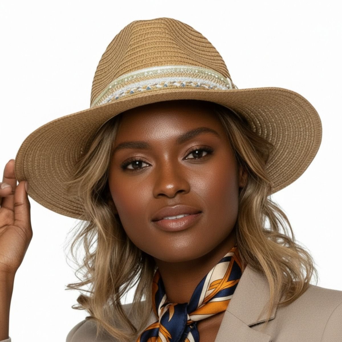 Camel Pearl Embellished Fedora Panama Hat
