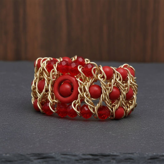 Red Glass and Cracked Bead Woven Stretch Bracelet