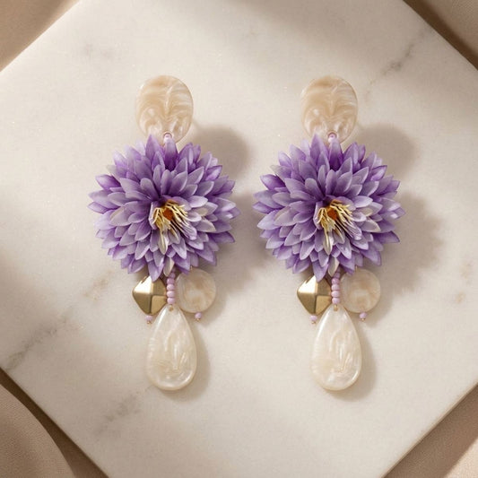 Purple Oversized Tropical Flower Drop Earrings