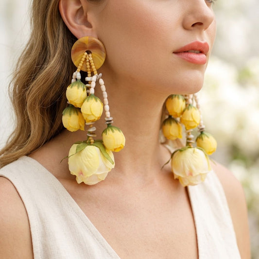 Oversized Yellow Faux Flower Tropical Earrings