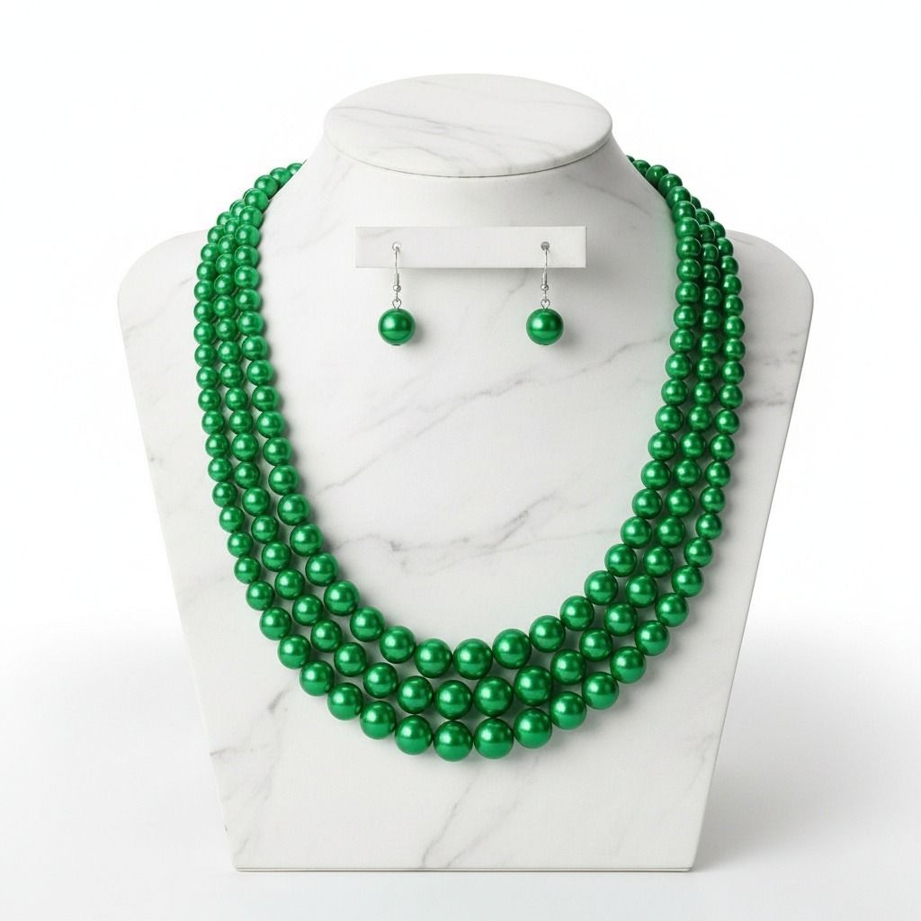 Multi Strand Green Pearl Necklace Set