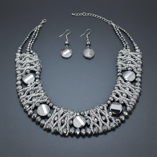 Silver Metallic Bead Woven Collar Bib Necklace