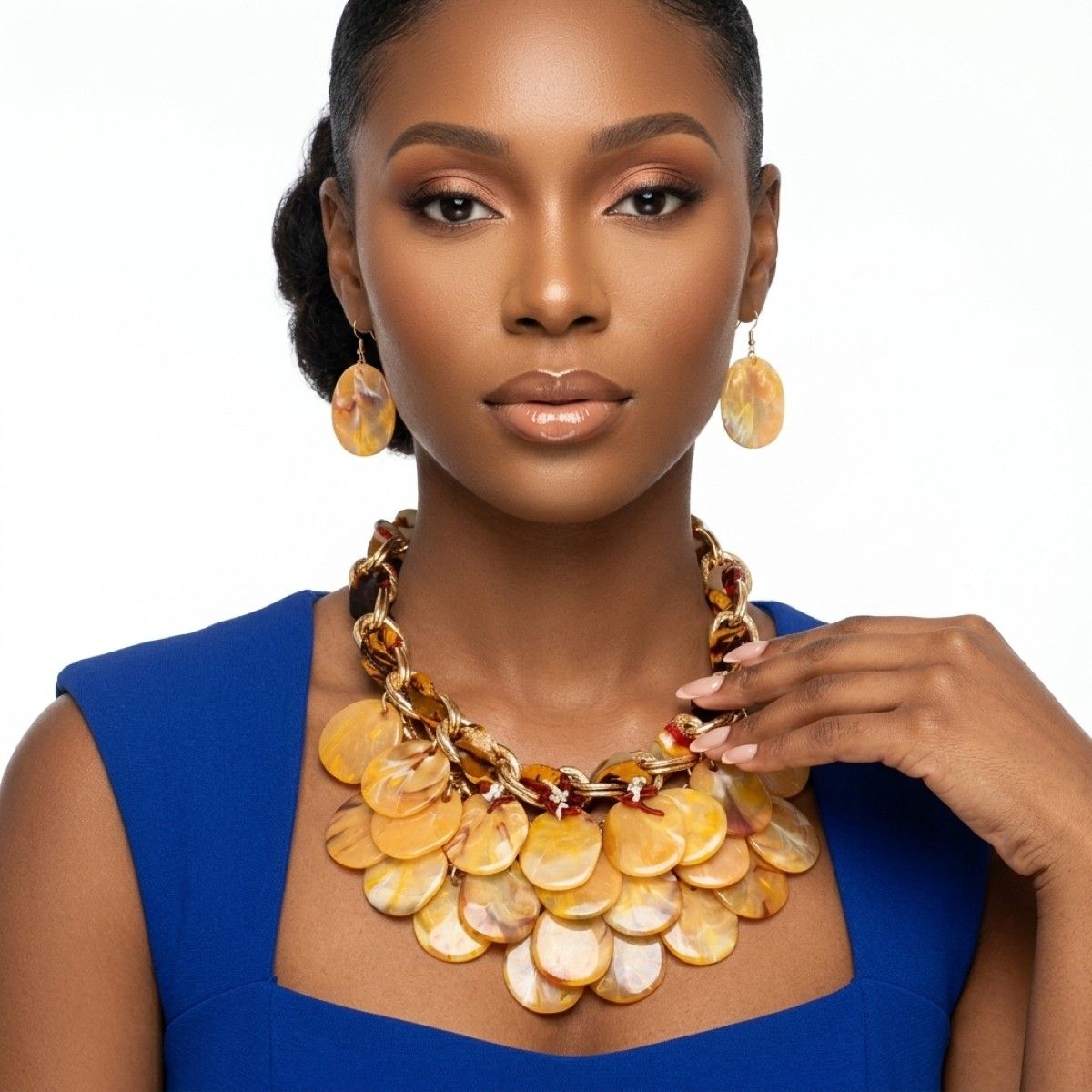 Marble Mustard Disc Bib Fabric Woven Chain Necklace
