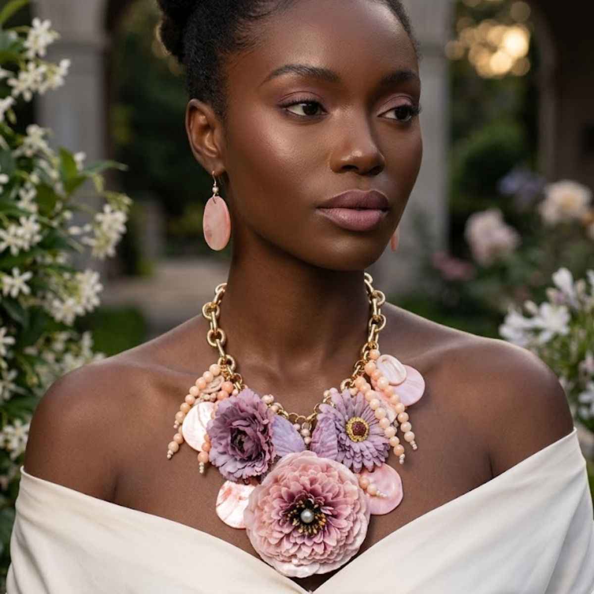Chunky Faux Lavender Flower Butterfly Bib Necklace