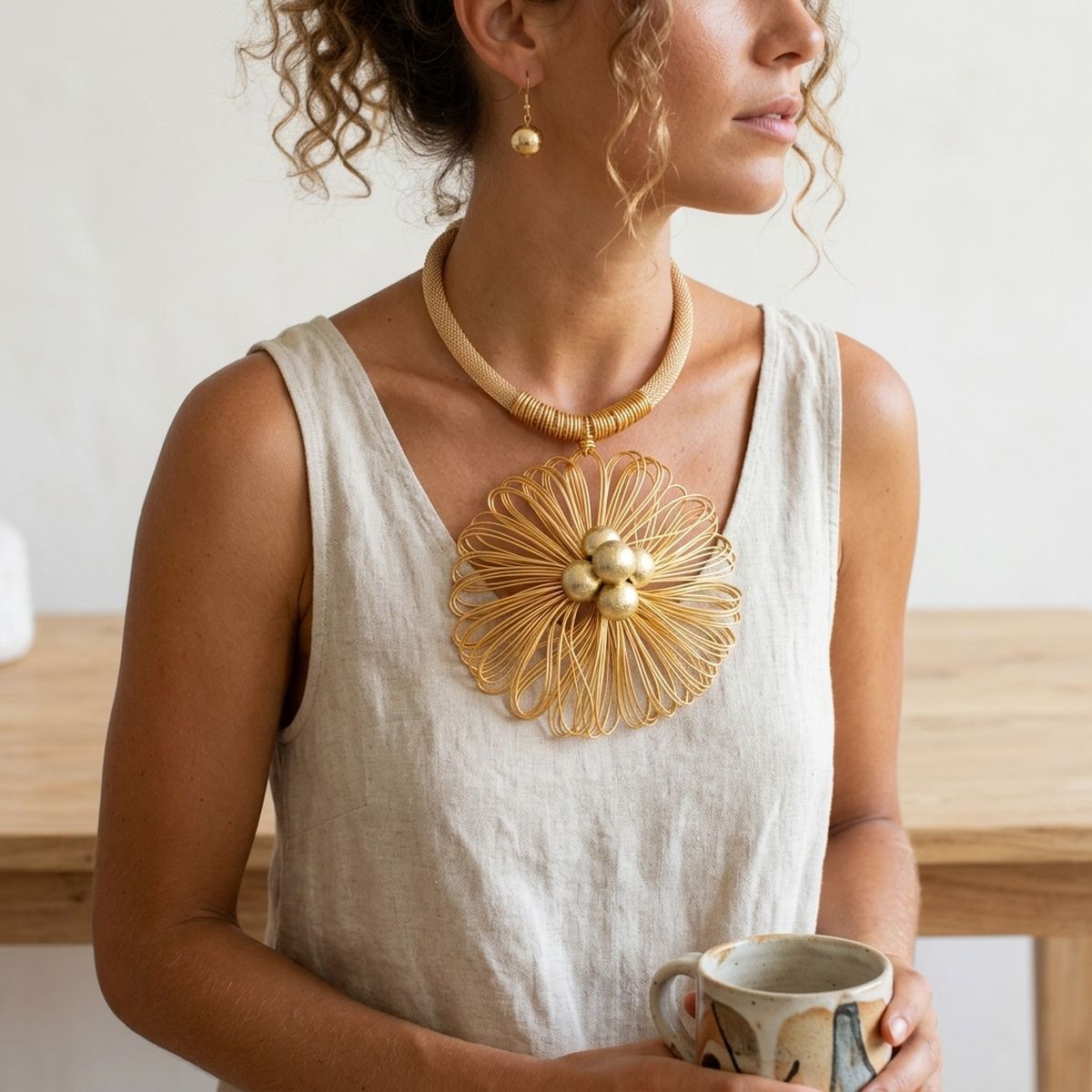 Gold Mesh Large Flower Wire Pendant Necklace
