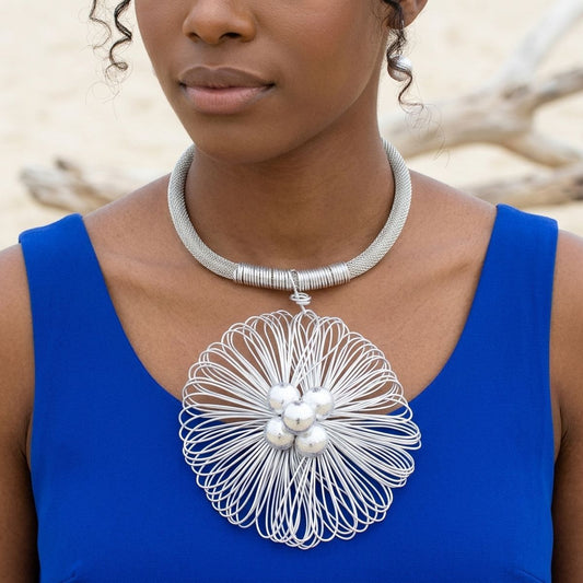 Silver Mesh Large Flower Wire Pendant Necklace