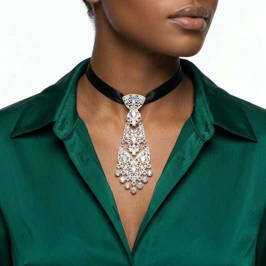 Silver Filigree Aurbo Rhinestone Necktie Necklace