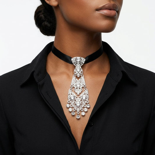 Silver Filigree Rhinestone Necktie Choker Necklace
