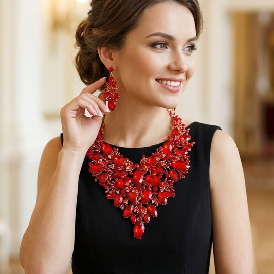 Red Glass Crystal Floral Large Bib Necklace Set