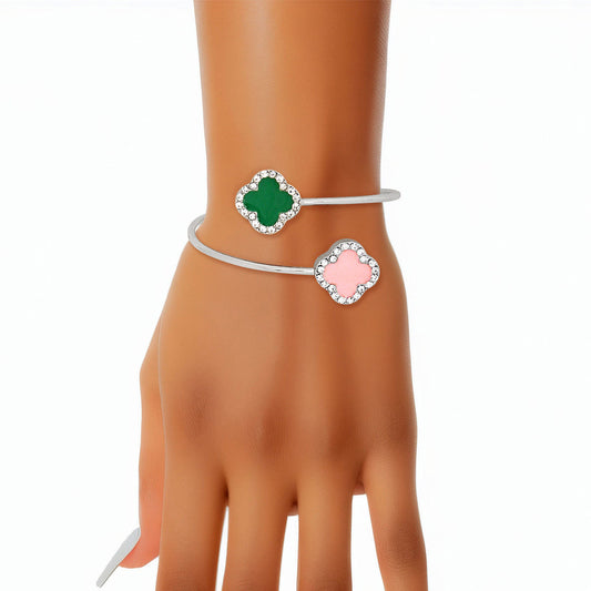 Pink Green Stone Clover Open Bangle