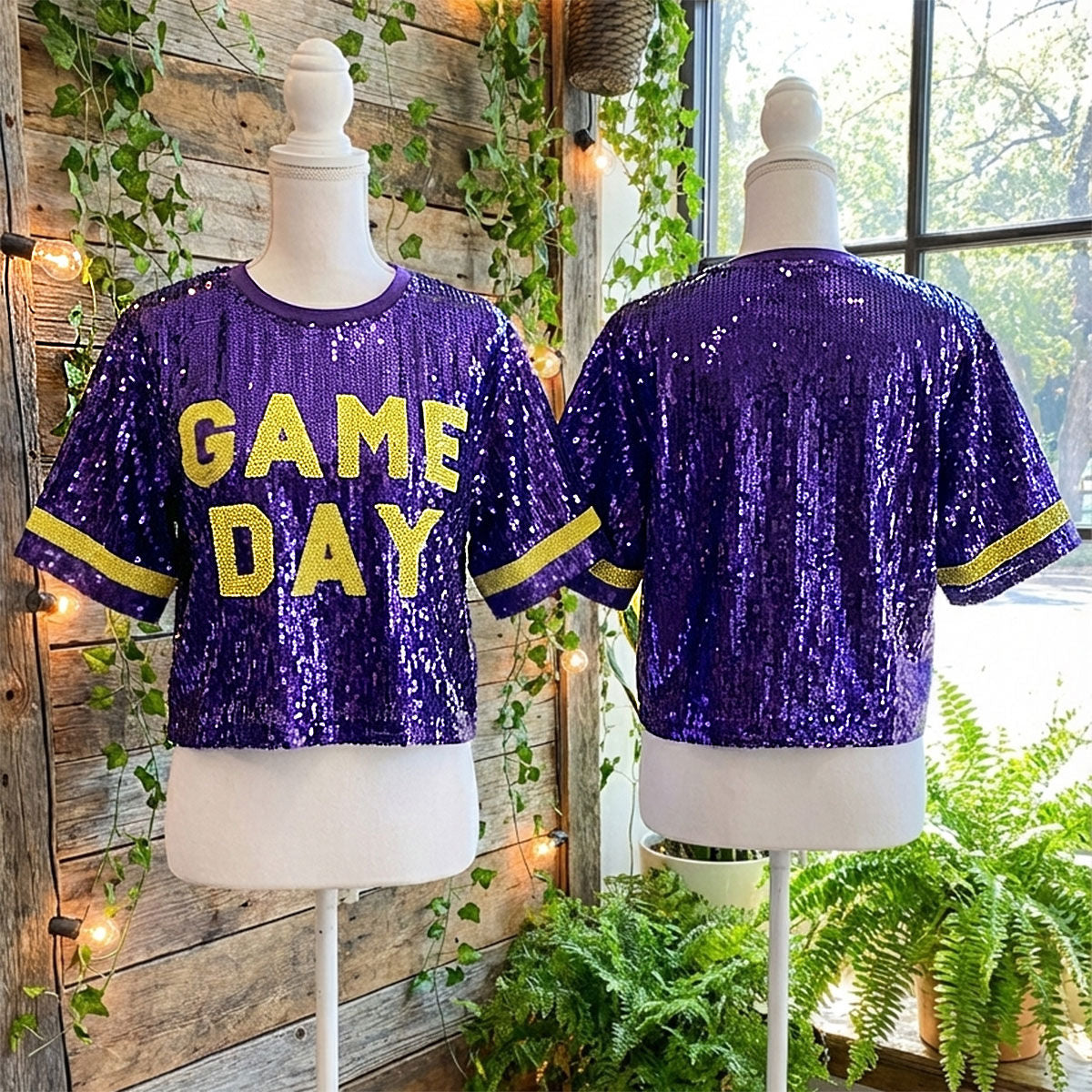 Jersey Purple Yellow Sequin GAME DAY Crop Top