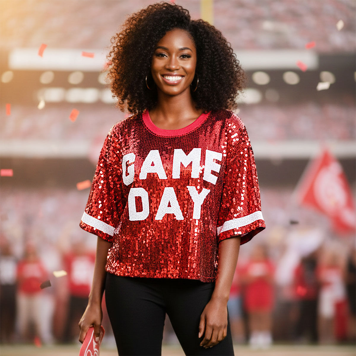 Jersey DST Red White Sequin GAME DAY Crop Top