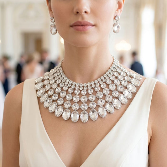 Silver Oval Glass Crystal 6 Row Formal Necklace