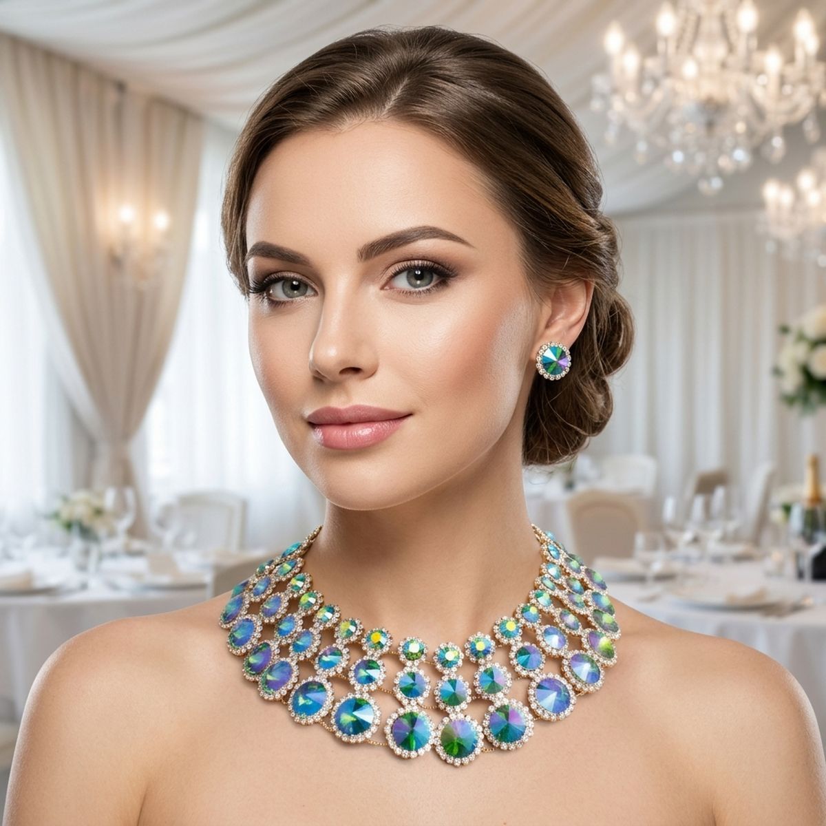 Green Glass Halo Crystal 3 Row Collar Necklace