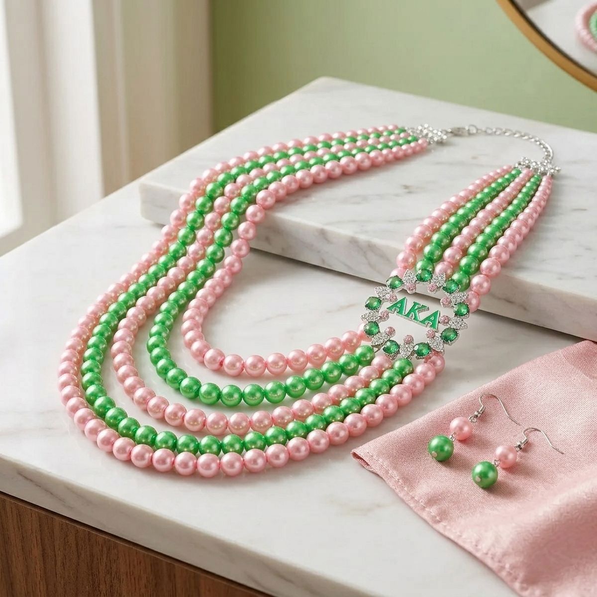 AKA Necklace Pink Green Pearl AKA Set