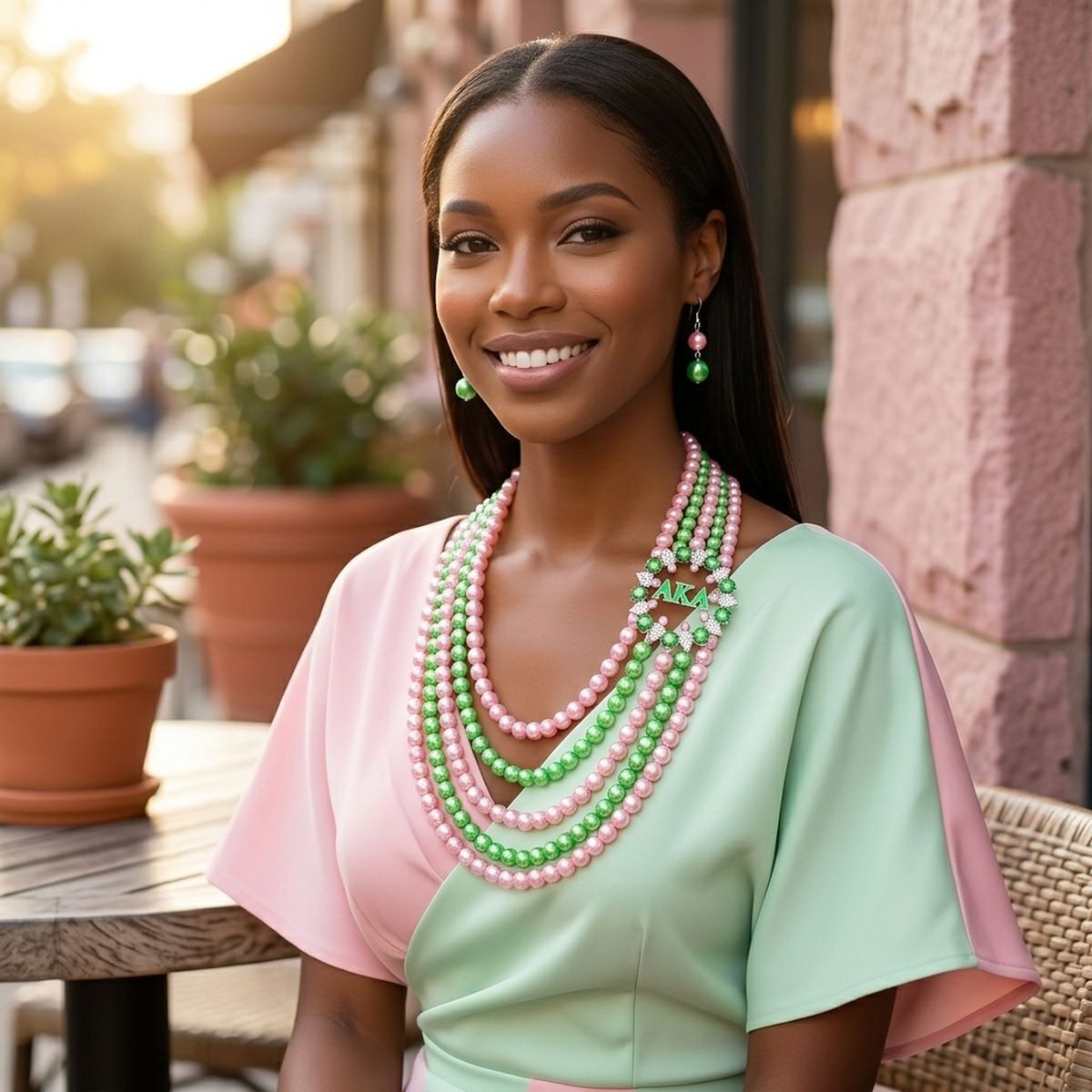 AKA Necklace Pink Green Pearl AKA Set