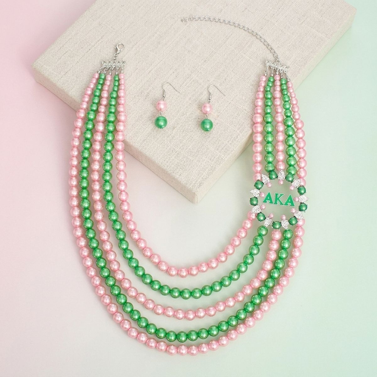 AKA Necklace Pink Green Pearl AKA Set