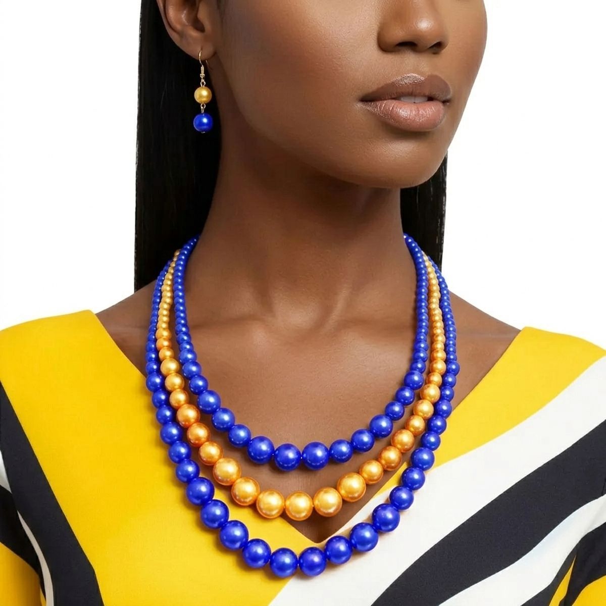 Pearl Necklace Blue Gold 3 Strand for Women