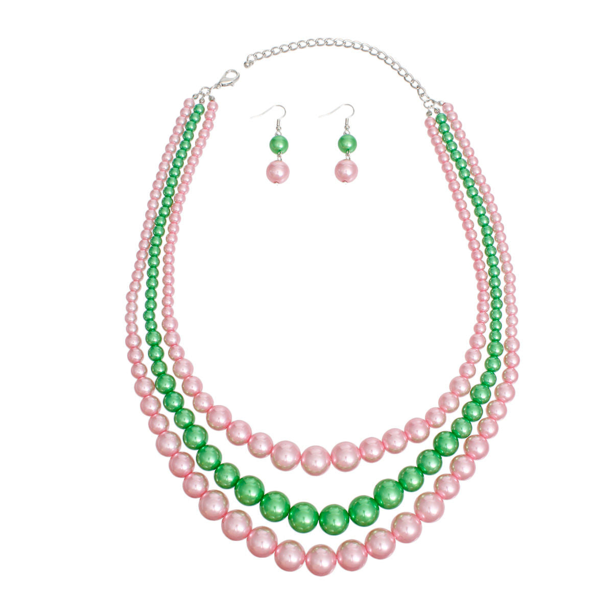 Pearl Necklace Pink Green 3 Strand