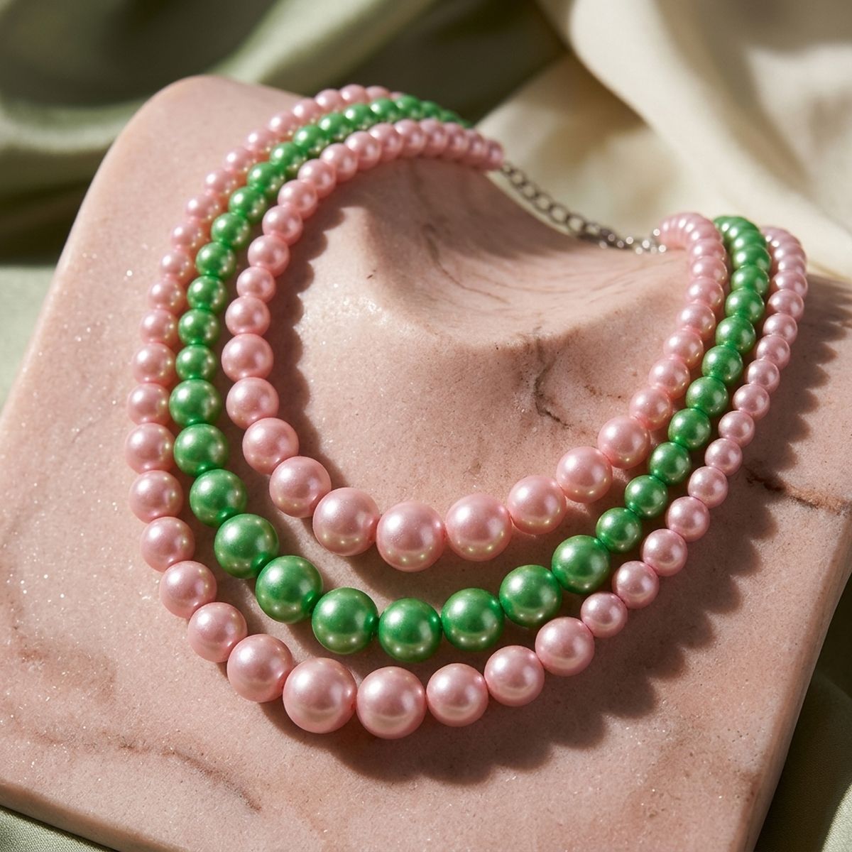 Pearl Necklace Pink Green 3 Strand