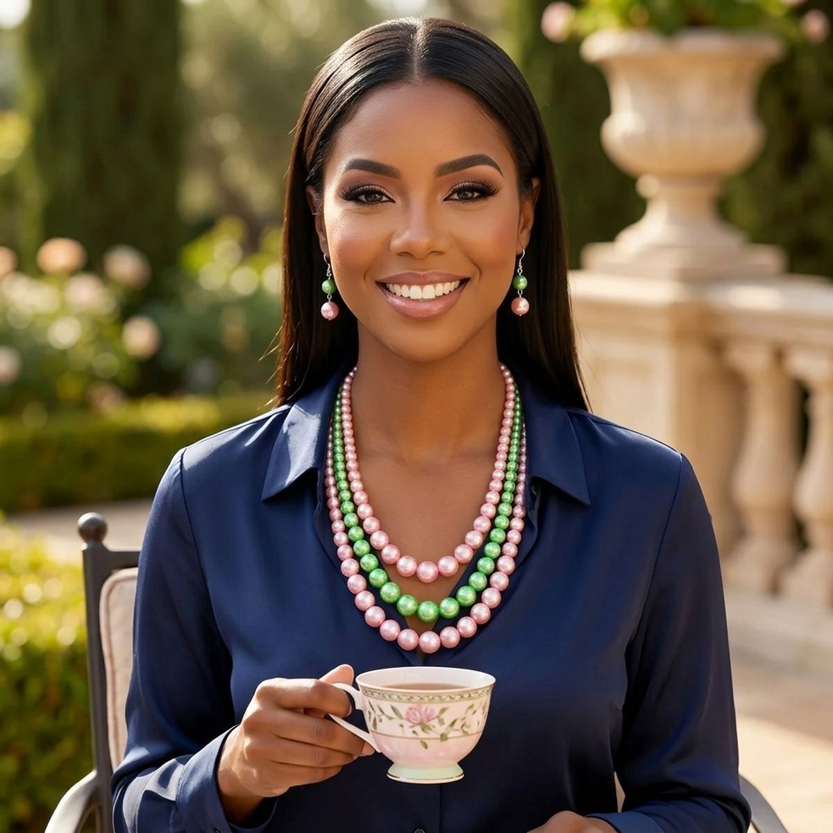 Pearl Necklace Pink Green 3 Strand