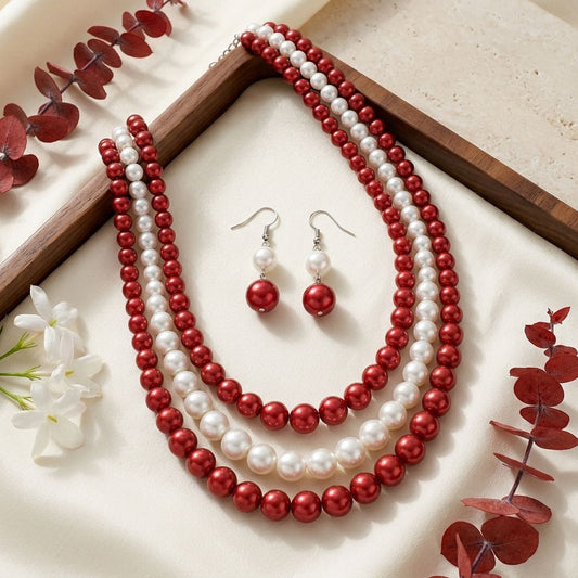 Pearl Necklace Red White 3 Strand Set