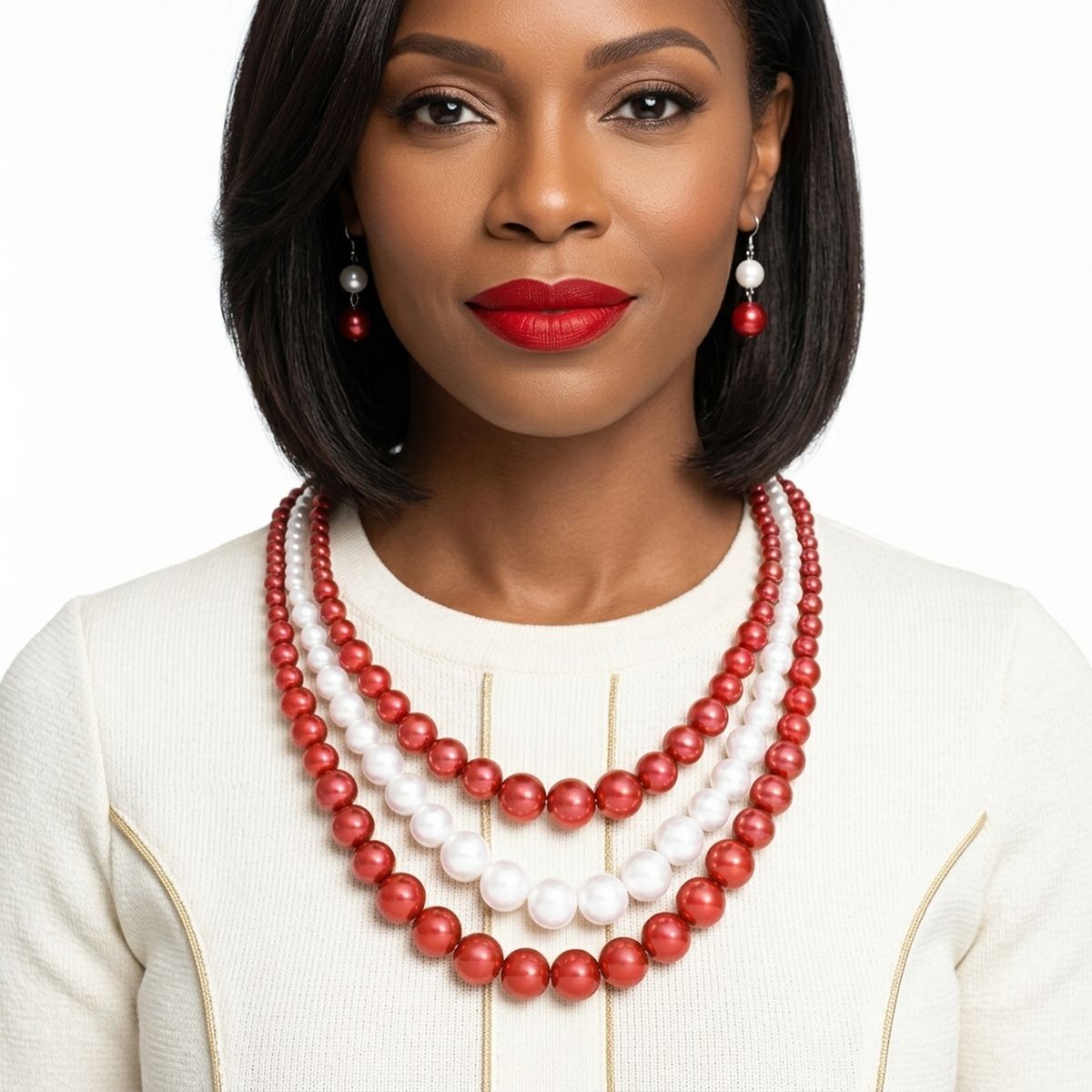 Pearl Necklace Red White 3 Strand Set