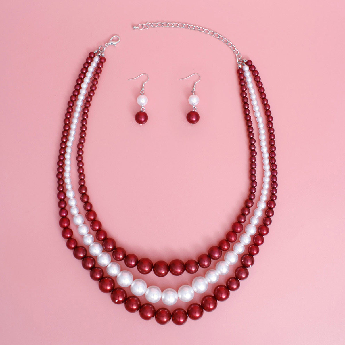 Pearl Necklace Red White 3 Strand Set