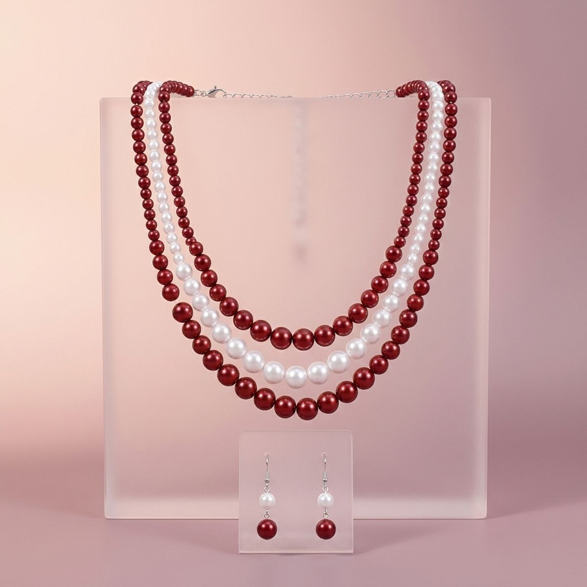 Pearl Necklace Red White 3 Strand Set