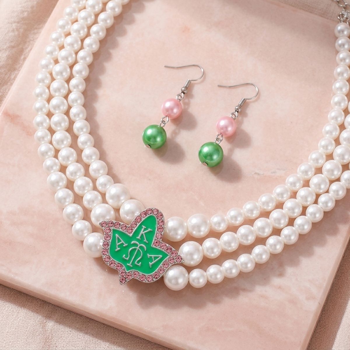AKA Pearl Necklace Green Tea Rose AKA Set