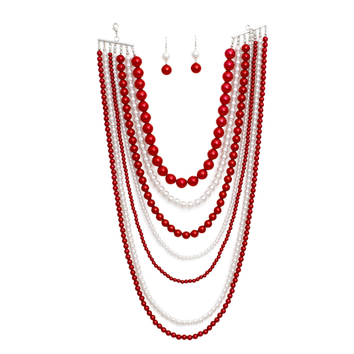 Red White Pearl Long 7 Row Necklace